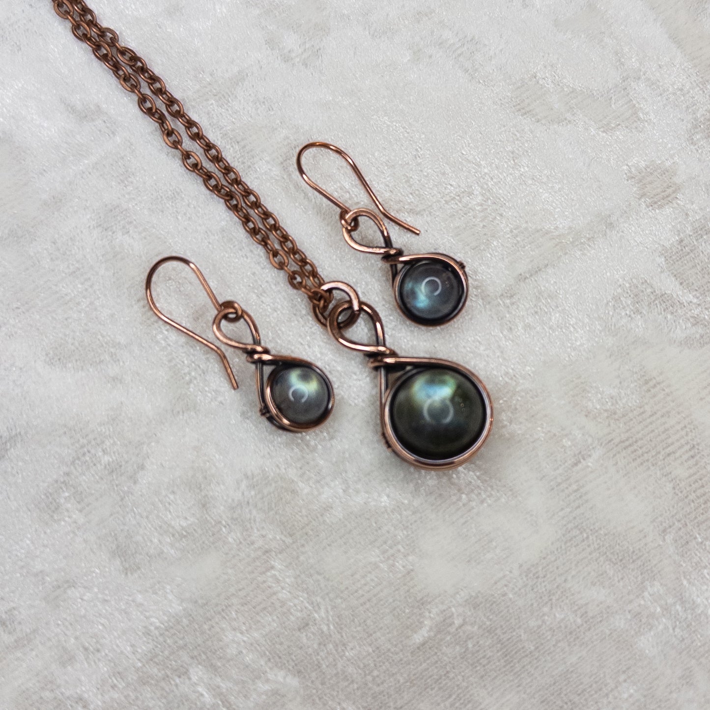 Drops of Labradorite Antiqued Copper Pendant & Earrings Set