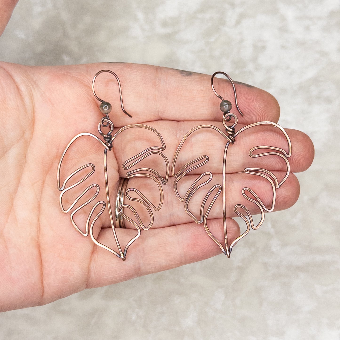 Moss Agate Hammered Monstera Leaf Antiqued Copper Earrings