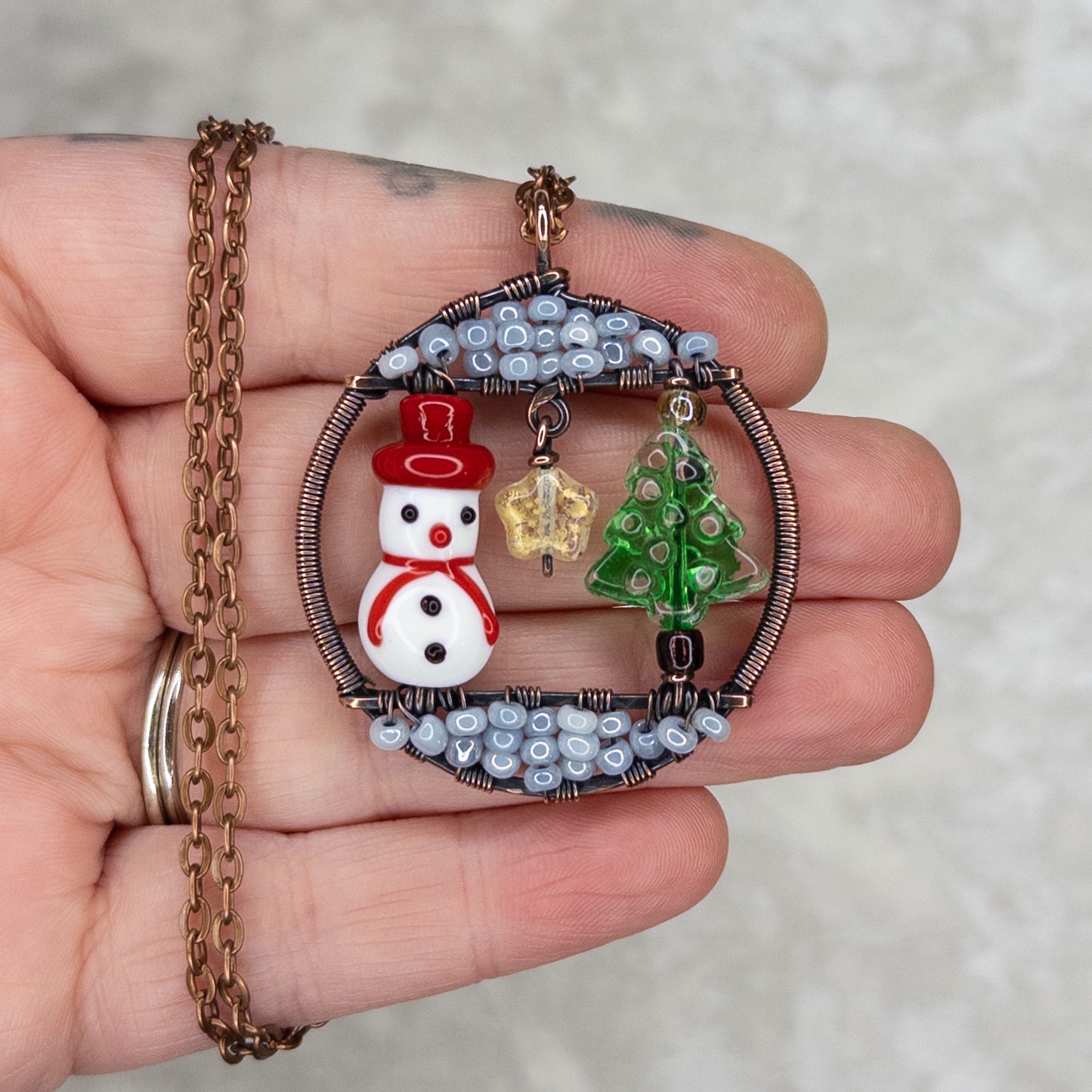 Extra Special Imperfect Winter Scene Copper Wrapped Pendant Featuring Festive Glass Beads