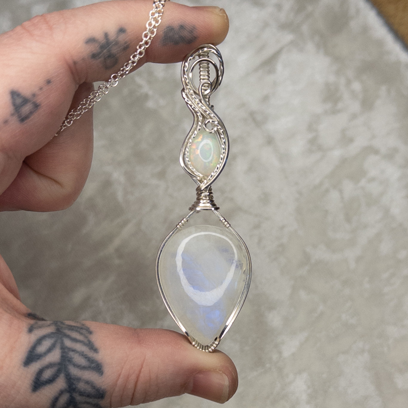 Blue Flash Moonstone & Ethiopian Opal .925 Sterling Silver Pendant