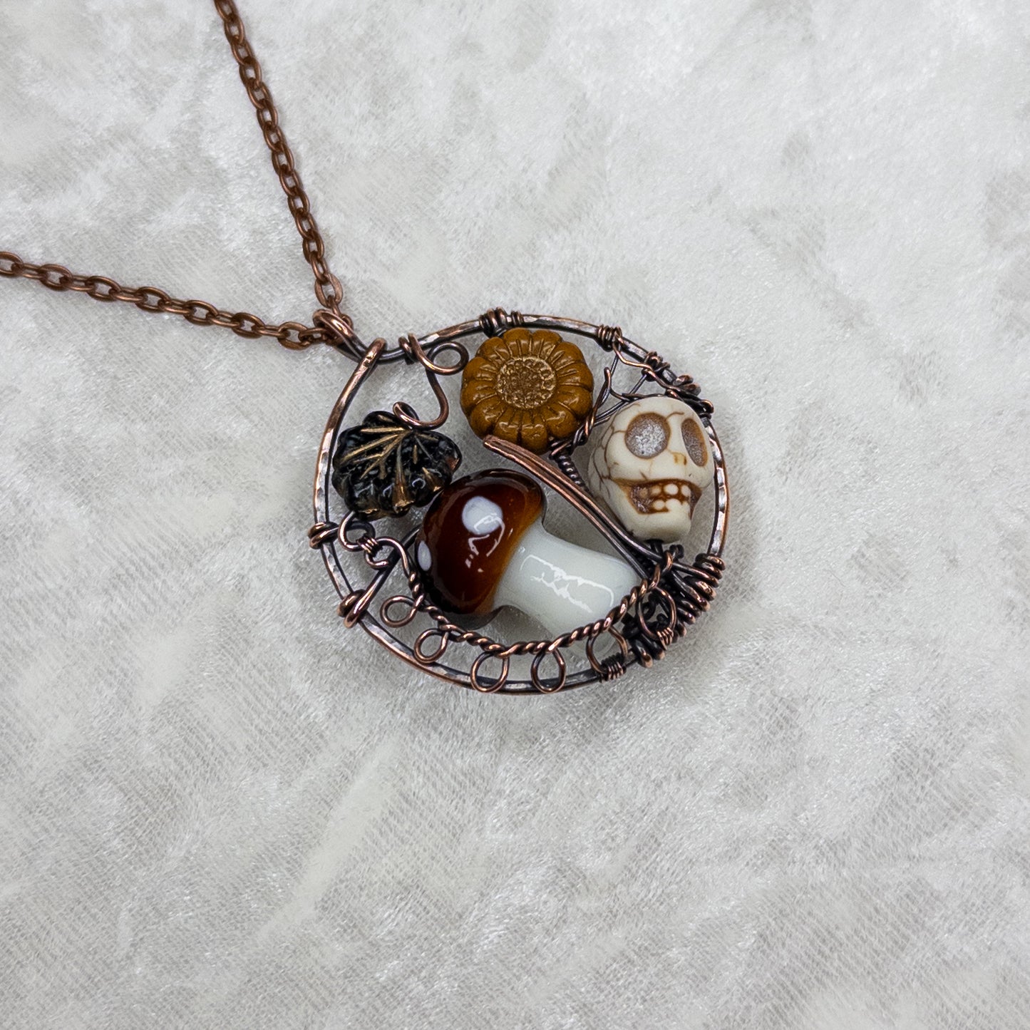“Autumn Rest” V.2 Antiqued Copper Pendant With Czech Glass Botanical Beads, Lampwork Mushroom Bead, Stone Skull Bead, & Tiny Spiderweb