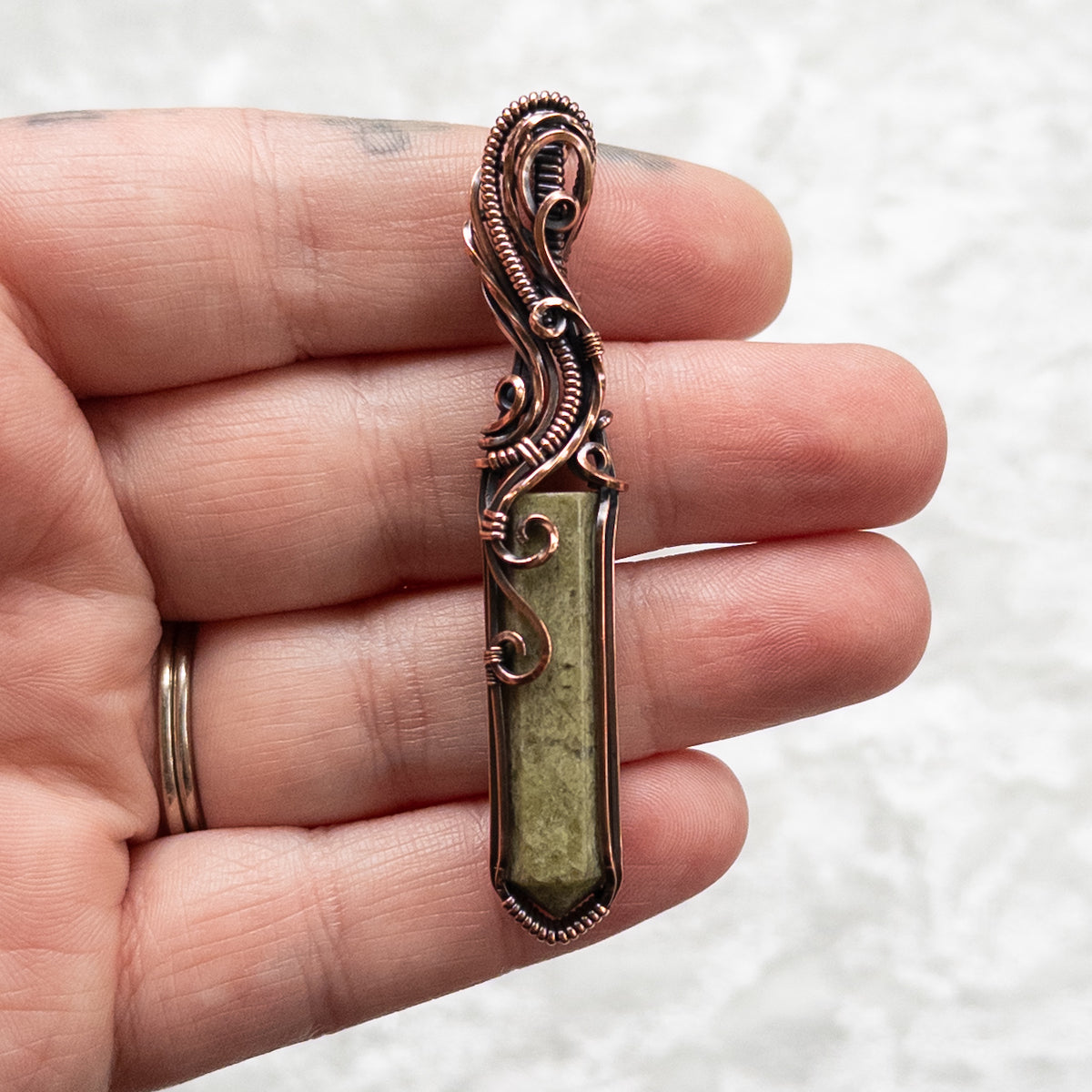 Vesuvianite Point Antiqued Copper Pendant
