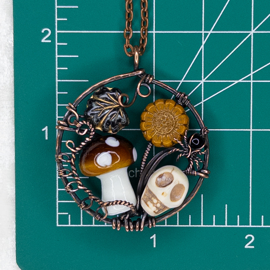 “Autumn Rest” Antiqued Copper Pendant With Czech Glass Botanical Beads, Lampwork Mushroom Bead, Stone Skull Bead, And Tiny Glass & Wire Spider