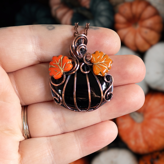 Black Onyx Pumpkin Pendant With Orange Czech Glass Leaves - Antiqued Copper