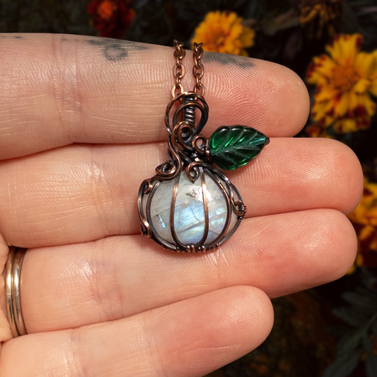 Dainty Moonstone Antiqued Copper Pumpkin Pendant With Czech Glass Leaf