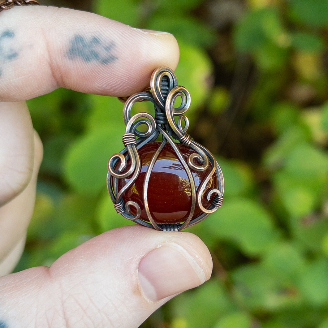 Dark Red Carnelian Pumpkin Antiqued Copper Pendant