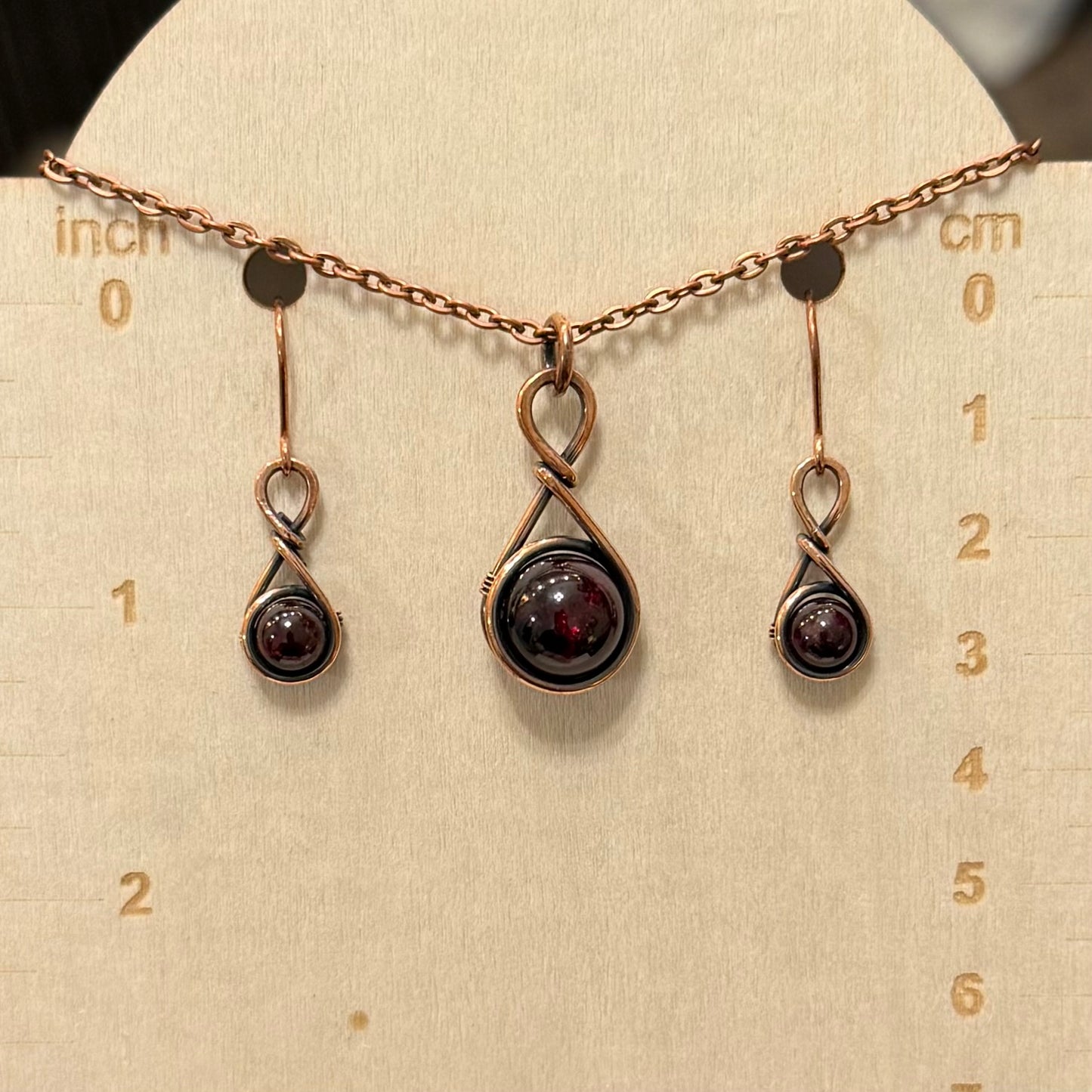 Drops of Garnet Antiqued Copper Pendant & Earrings Set