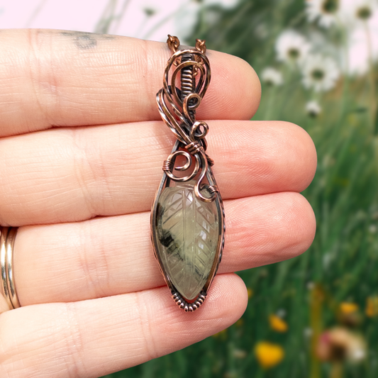 Carved Prehnite Leaf Antiqued Copper Pendant