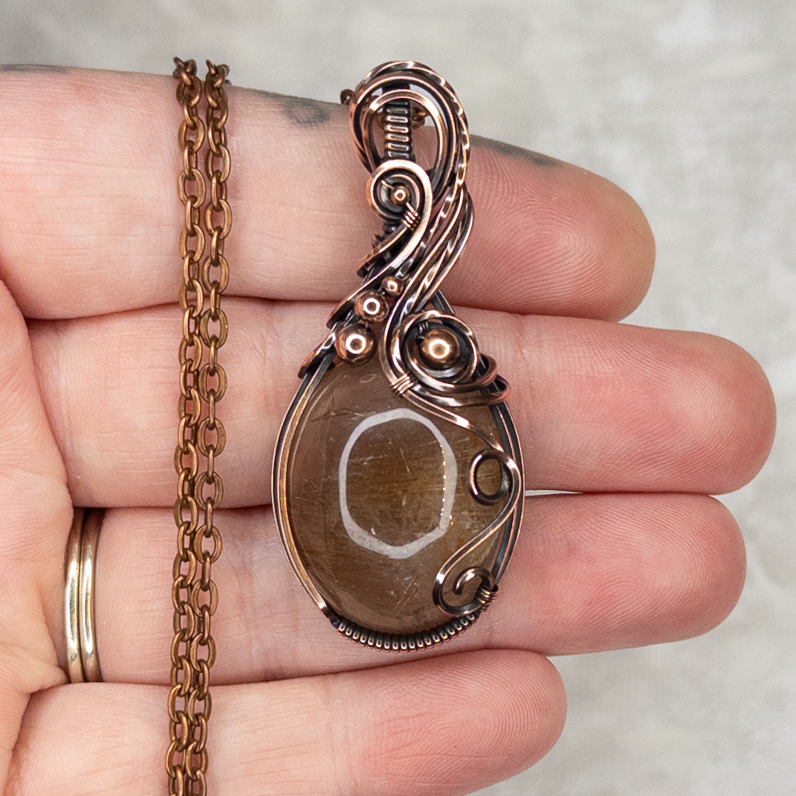 Golden Rutilated Quartz Antiqued Copper Pendant