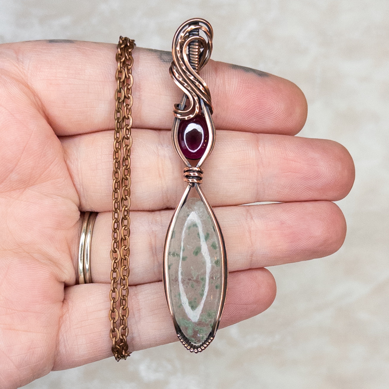 Chlorite Included Quartz & Fuchsia Garnet Antiqued Copper Pendant