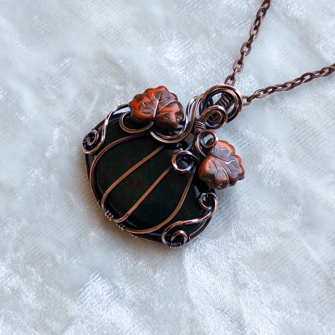 Bloodstone Pumpkin Pendant Witch Czech Glass Leaves - Antiqued Copper