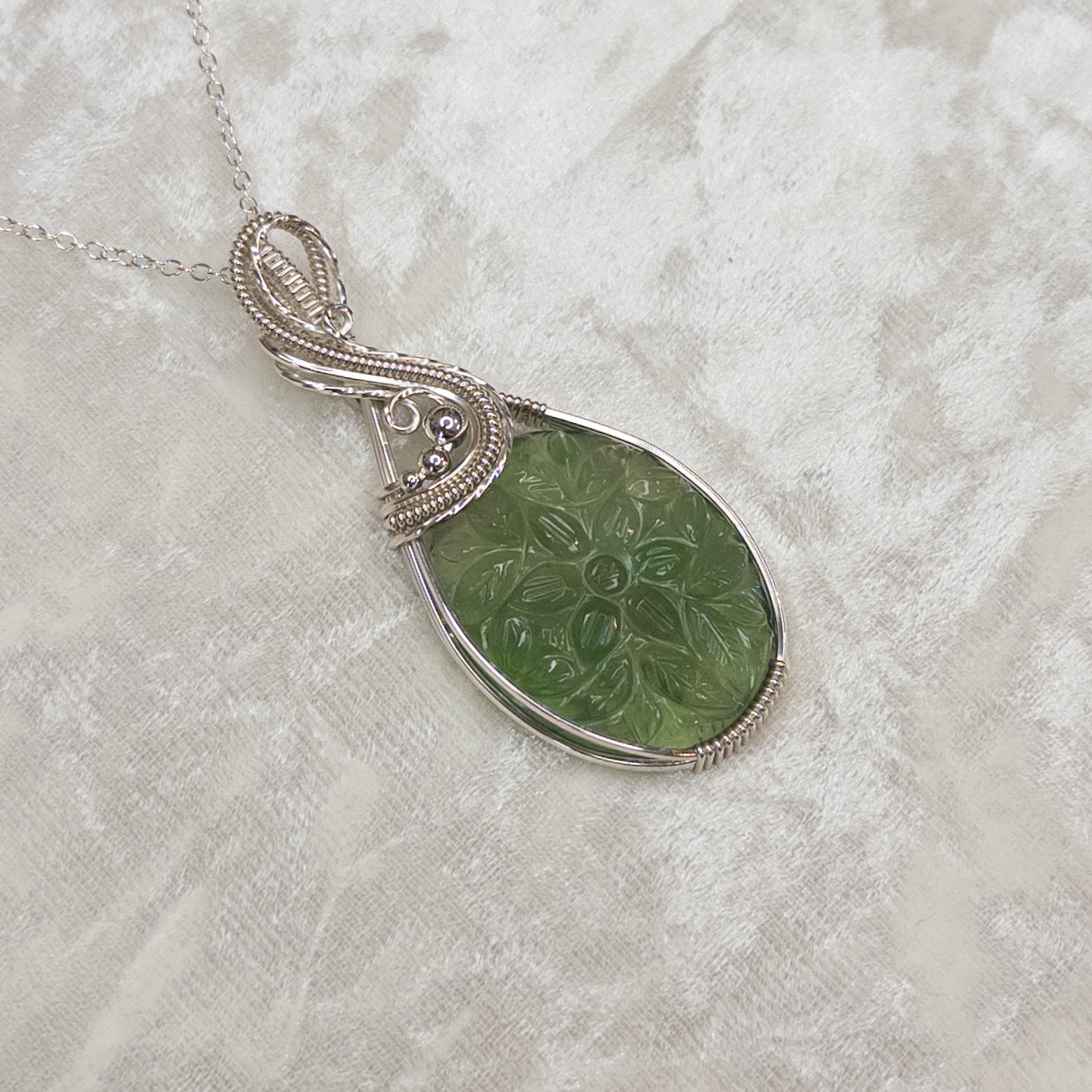 Floral Motif Carved Green Fluorite .925 Sterling Silver Pendant