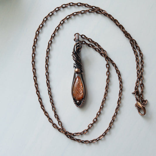 Dainty Sunstone & Copper Wrapped Pendant