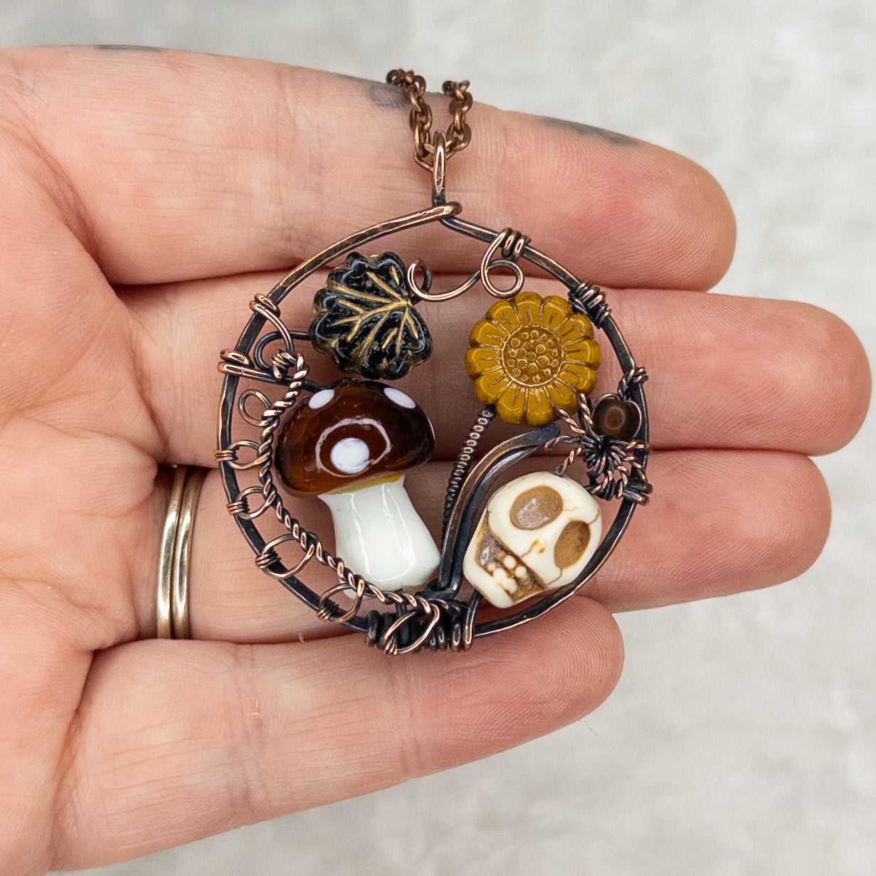 “Autumn Rest” Antiqued Copper Pendant With Czech Glass Botanical Beads, Lampwork Mushroom Bead, Stone Skull Bead, And Tiny Glass & Wire Spider