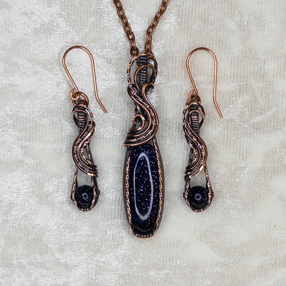 Blue Goldstone Antiqued Copper Pendant & Earrings Set