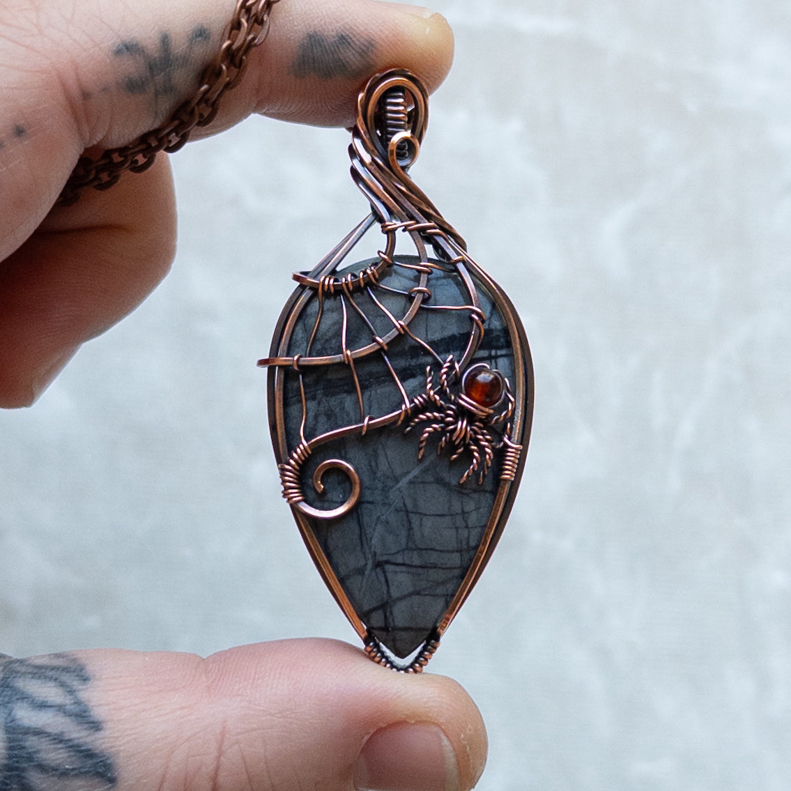 Picasso Jasper With Garnet Spider & Web Antiqued Copper Pendant