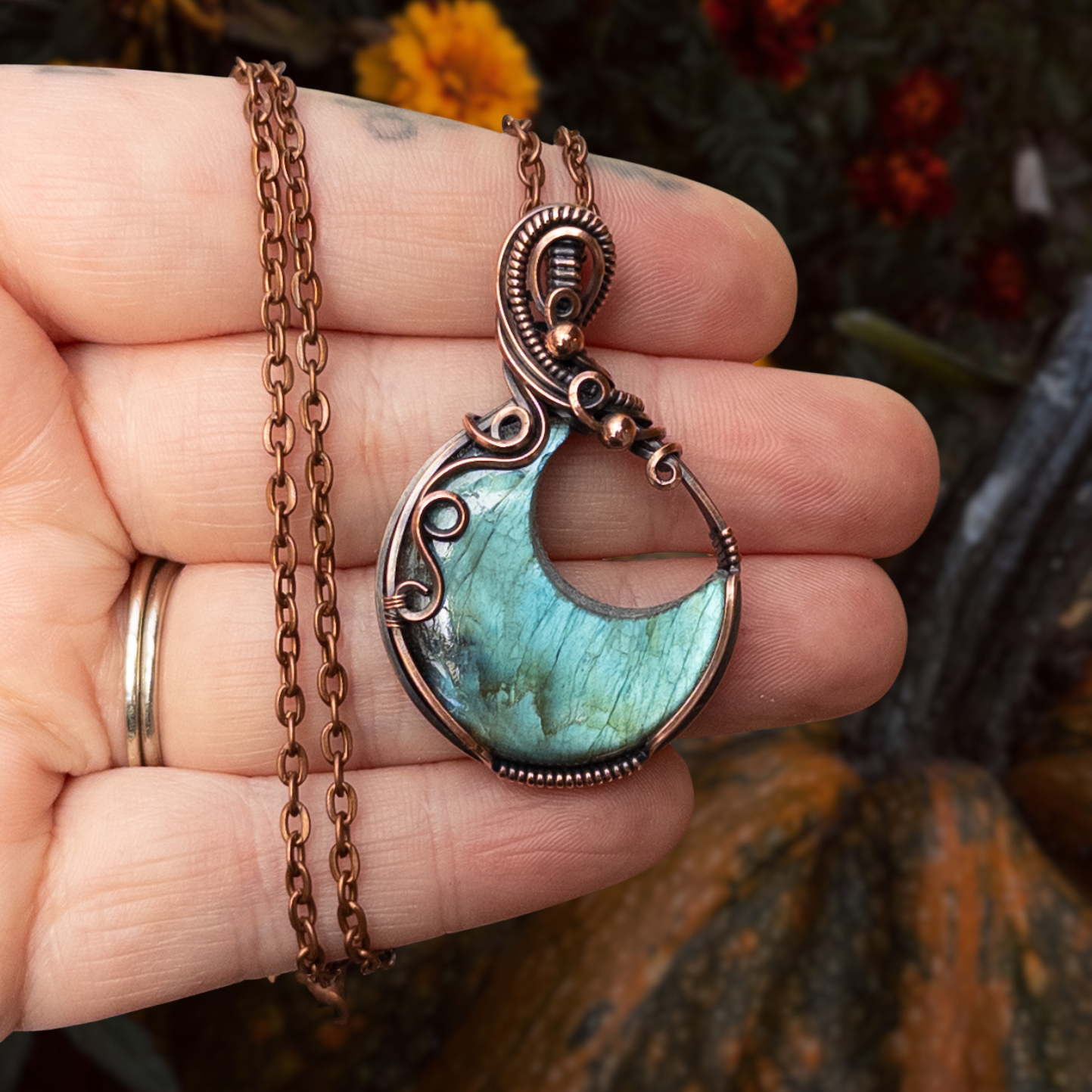 Light Blue Labradorite Moon Antiqued Copper Pendant