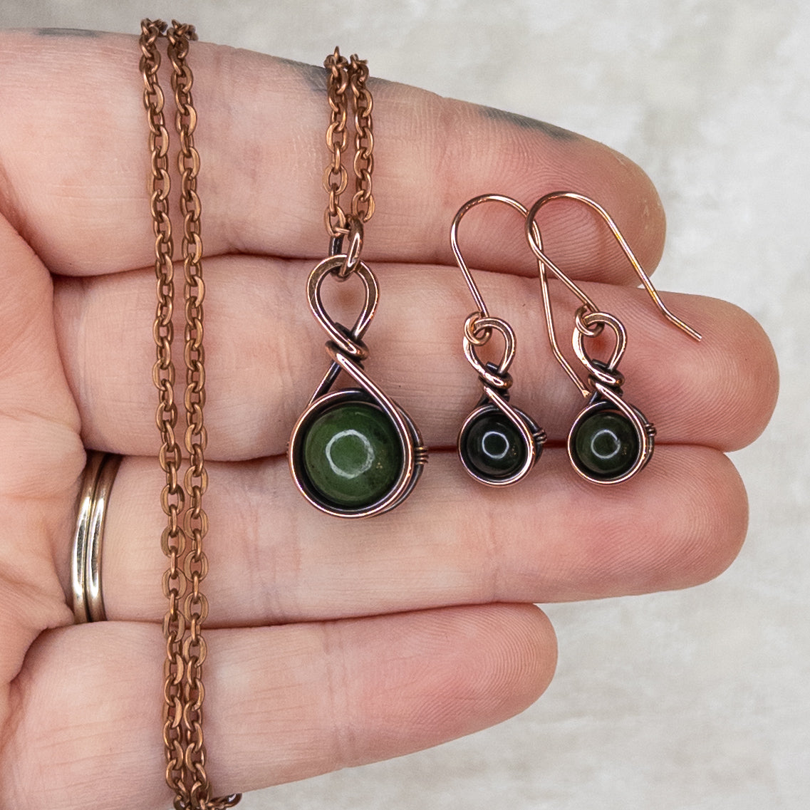 Drops of Jade Antiqued Copper Pendant & Earrings Set
