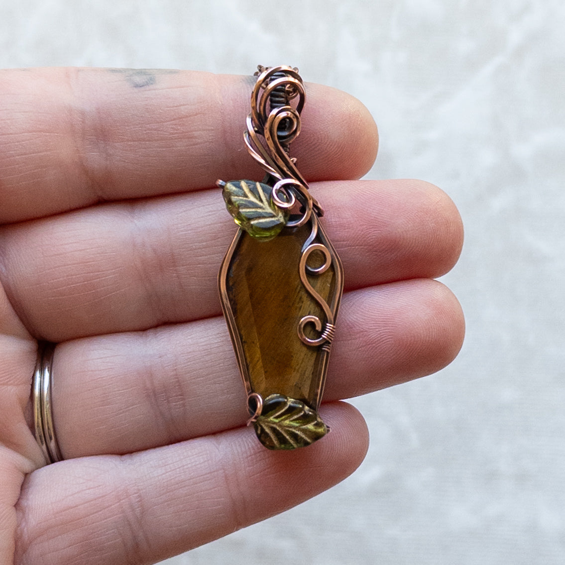 Tiger’s Eye Coffin & Leaves Antiqued Copper Pendant