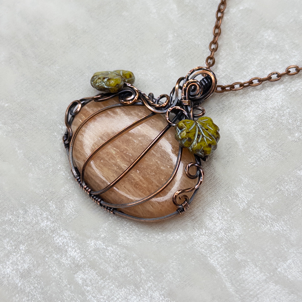 Peach Moonstone Antiqued Copper Pumpkin Pendant With Czech Glass Leaves