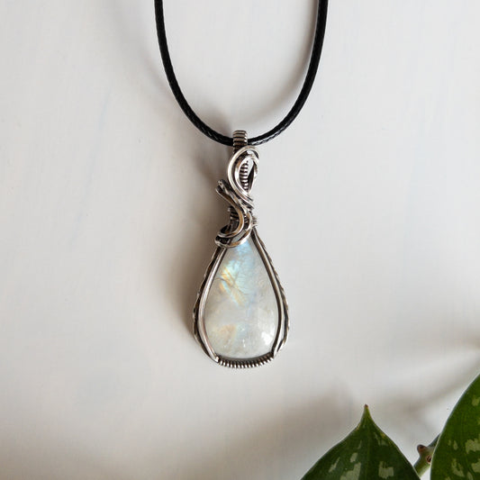 Rainbow Moonstone & Sterling Silver Wrapped Pendant