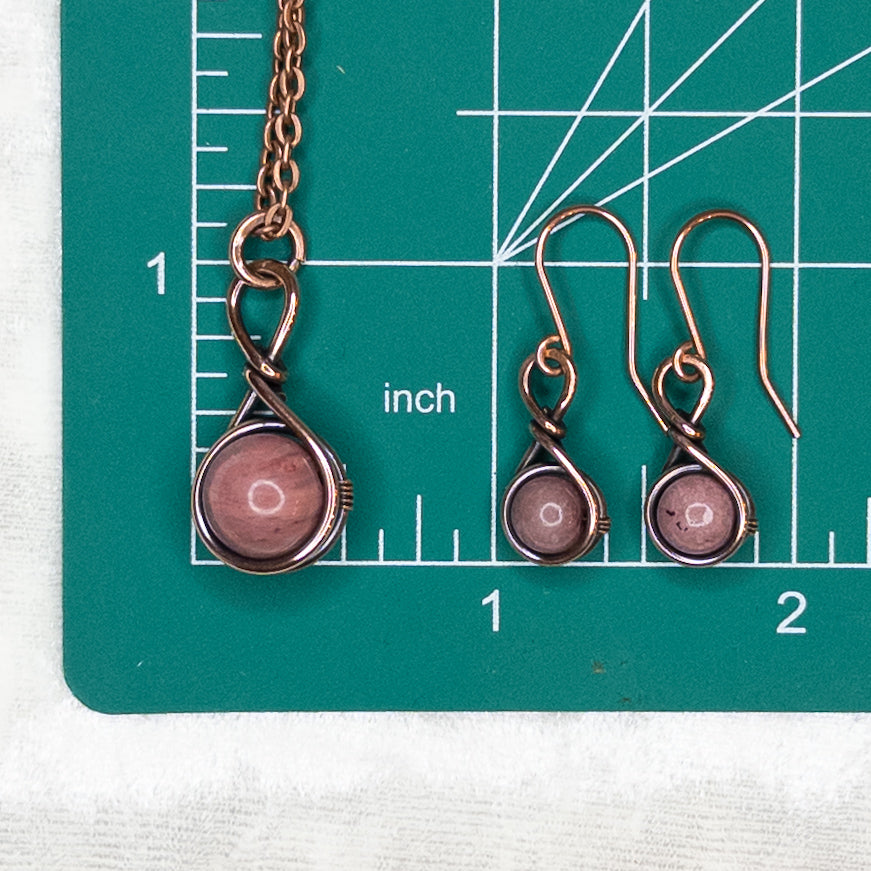 Drops of Rhodonite Antiqued Copper Pendant & Earrings Set