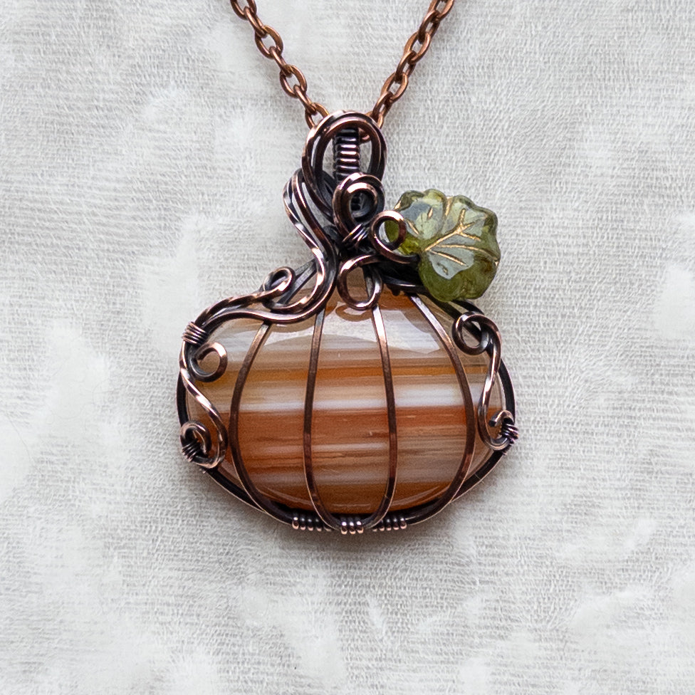 “Candy Corn” Banded Agate Antiqued Copper Pumpkin Pendant With Czech Glass Leaf