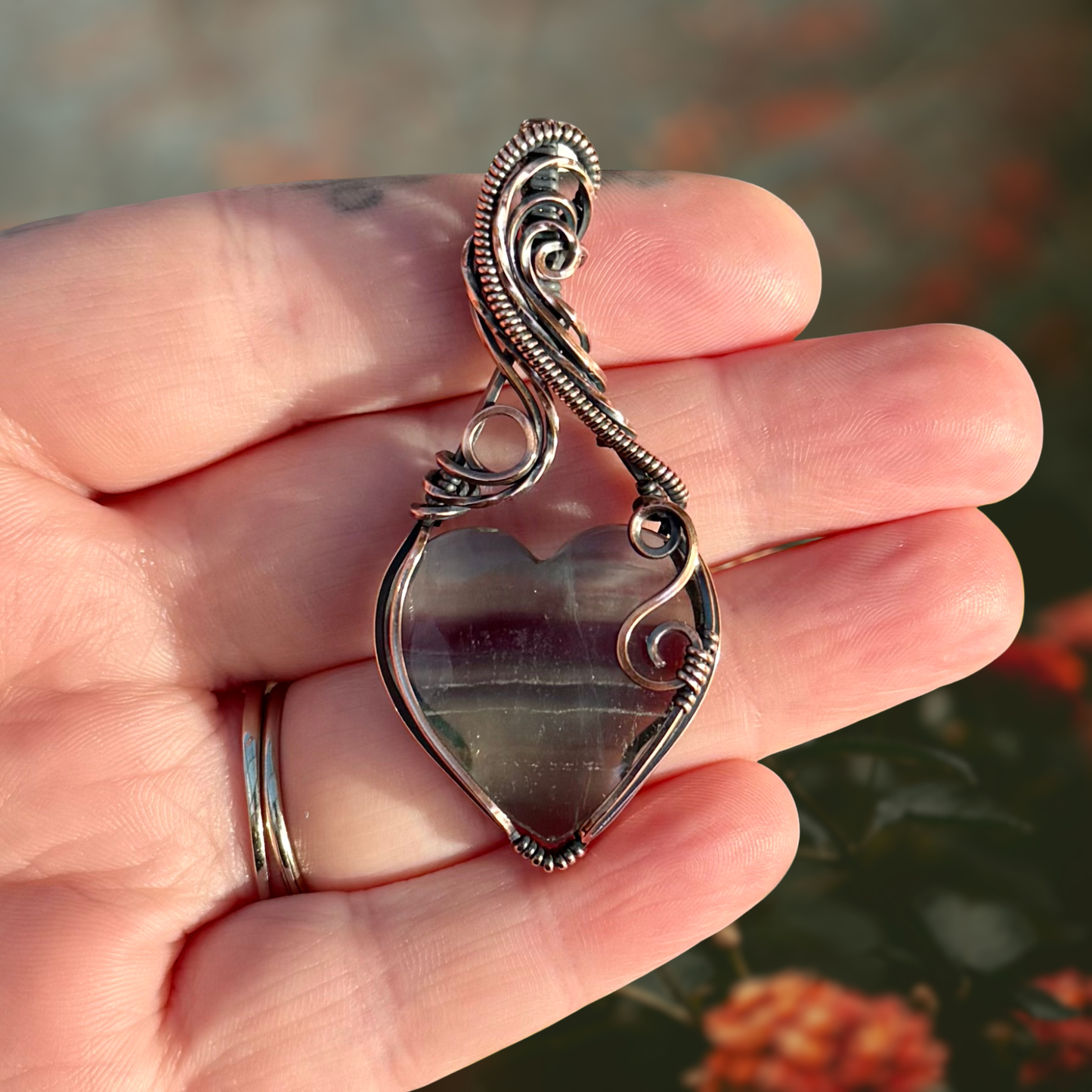 Banded Fluorite Heart Antiqued Copper Pendant