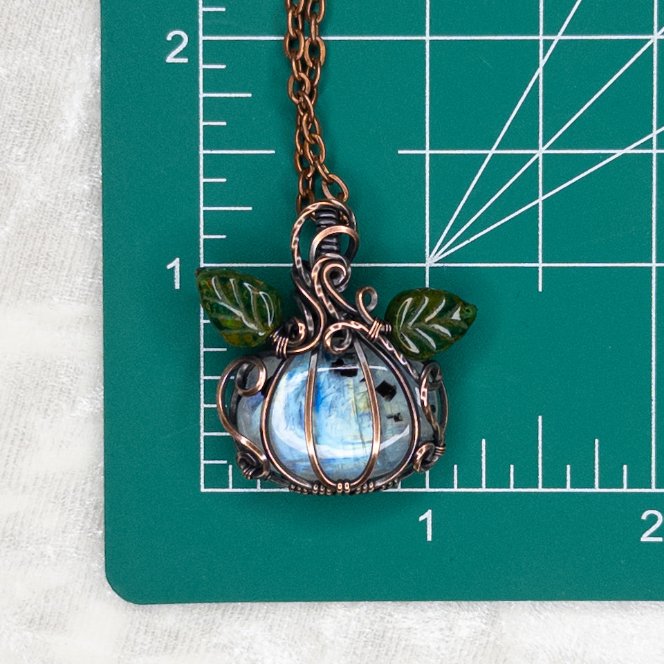 Rainbow Moonstone Antiqued Copper Pumpkin Pendant With Czech Glass Leaves