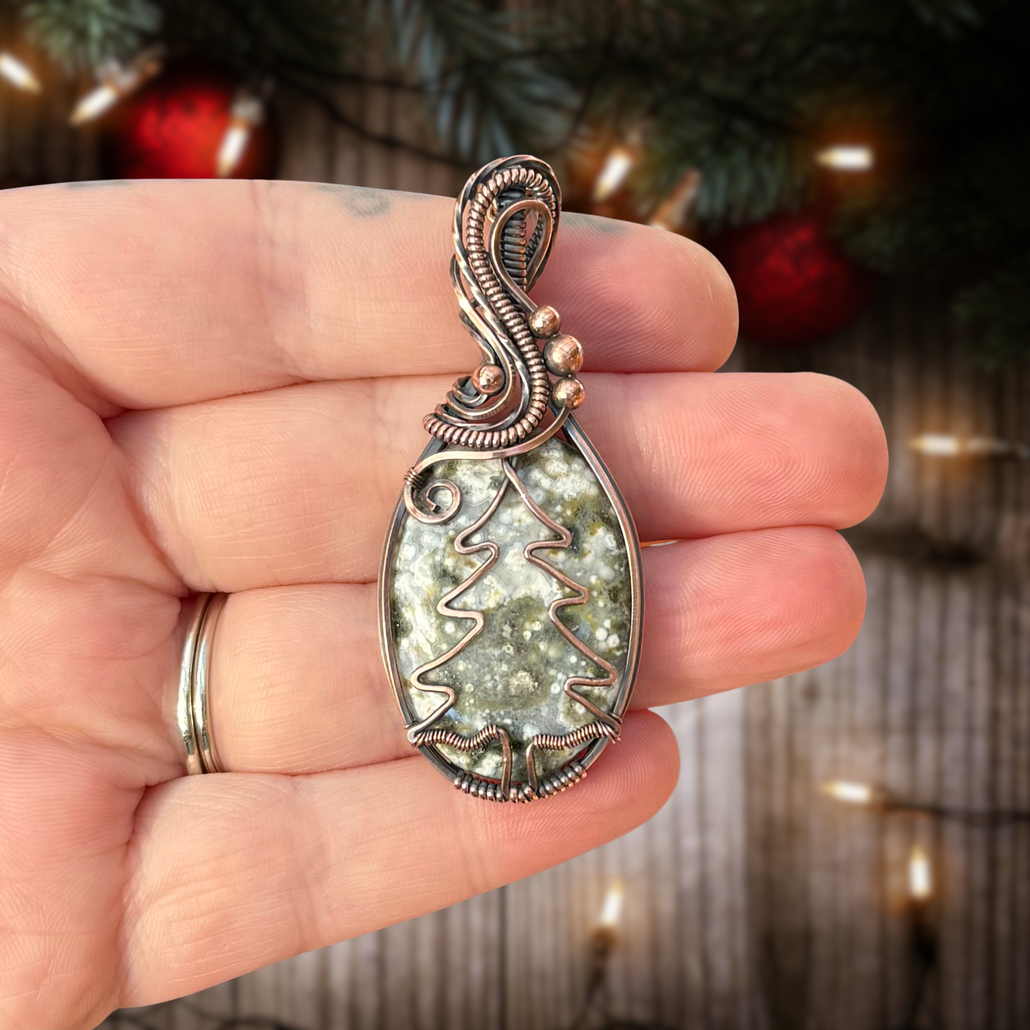 Ocean Jasper Pine Tree Antiqued Copper Pendant