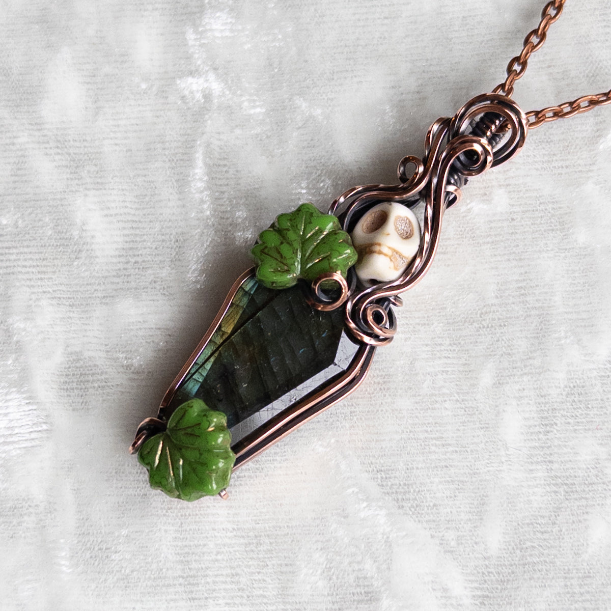 Labradorite Coffin & Skull Antiqued Copper Pendant With Czech Glass Leaves
