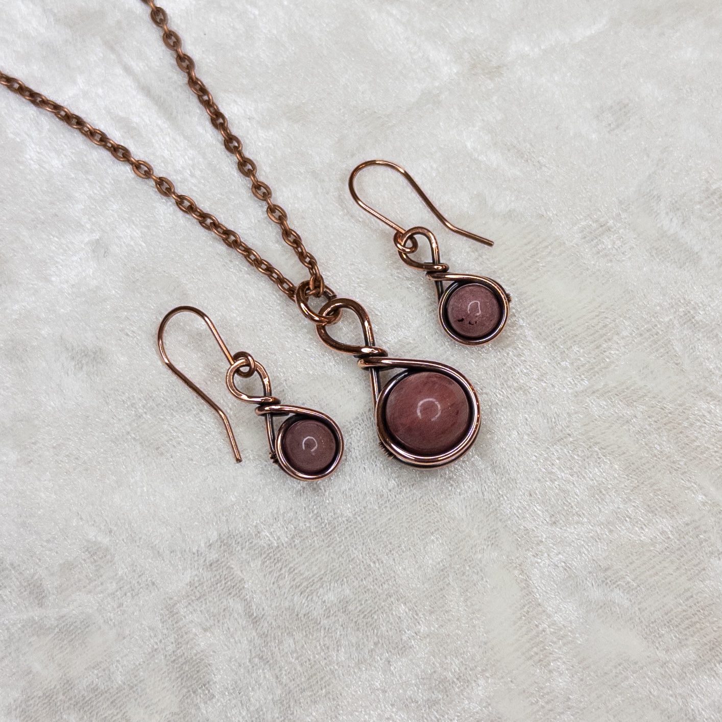 Drops of Rhodonite Antiqued Copper Pendant & Earrings Set