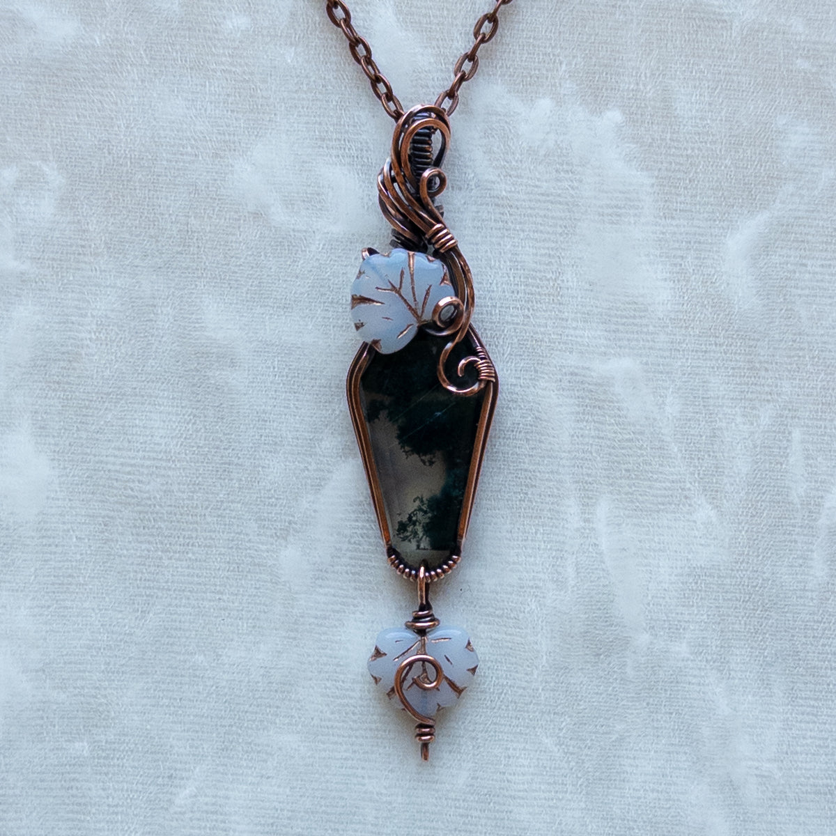 Moss Agate Coffin With Czech Glass Leaves Antiqued Copper Pendant
