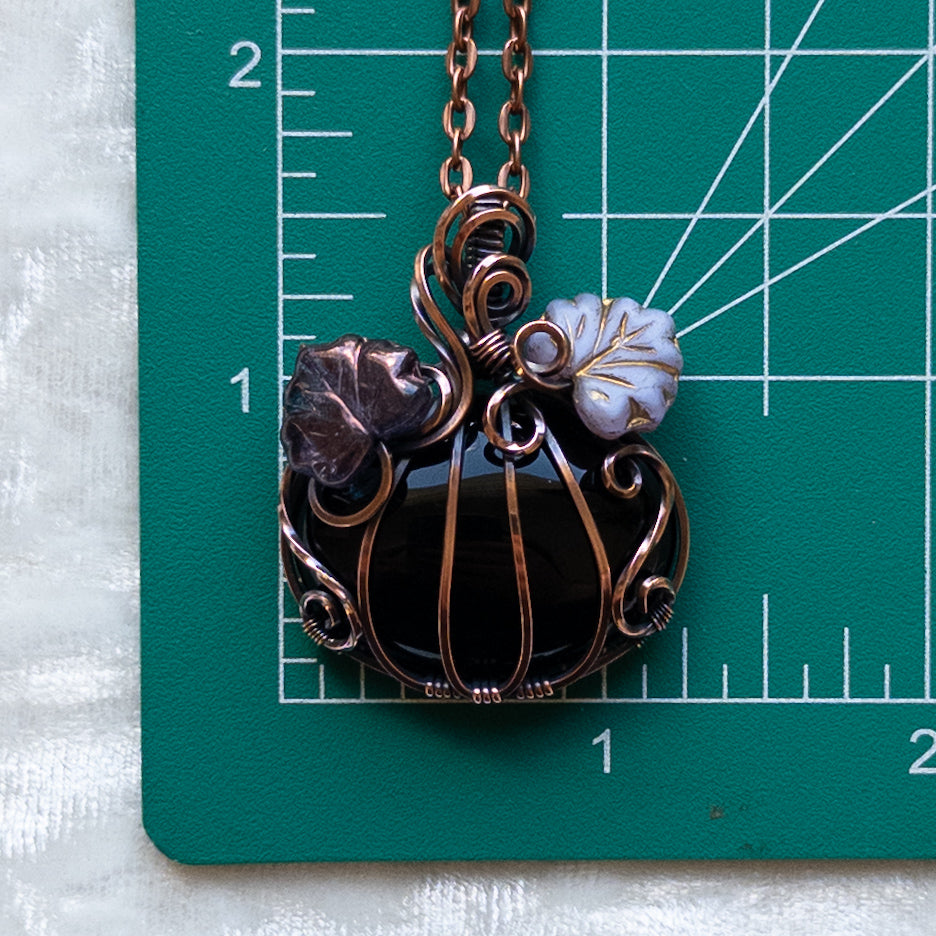 Black Onyx Pumpkin Pendant With Purple Czech Glass Leaves - Antiqued Copper