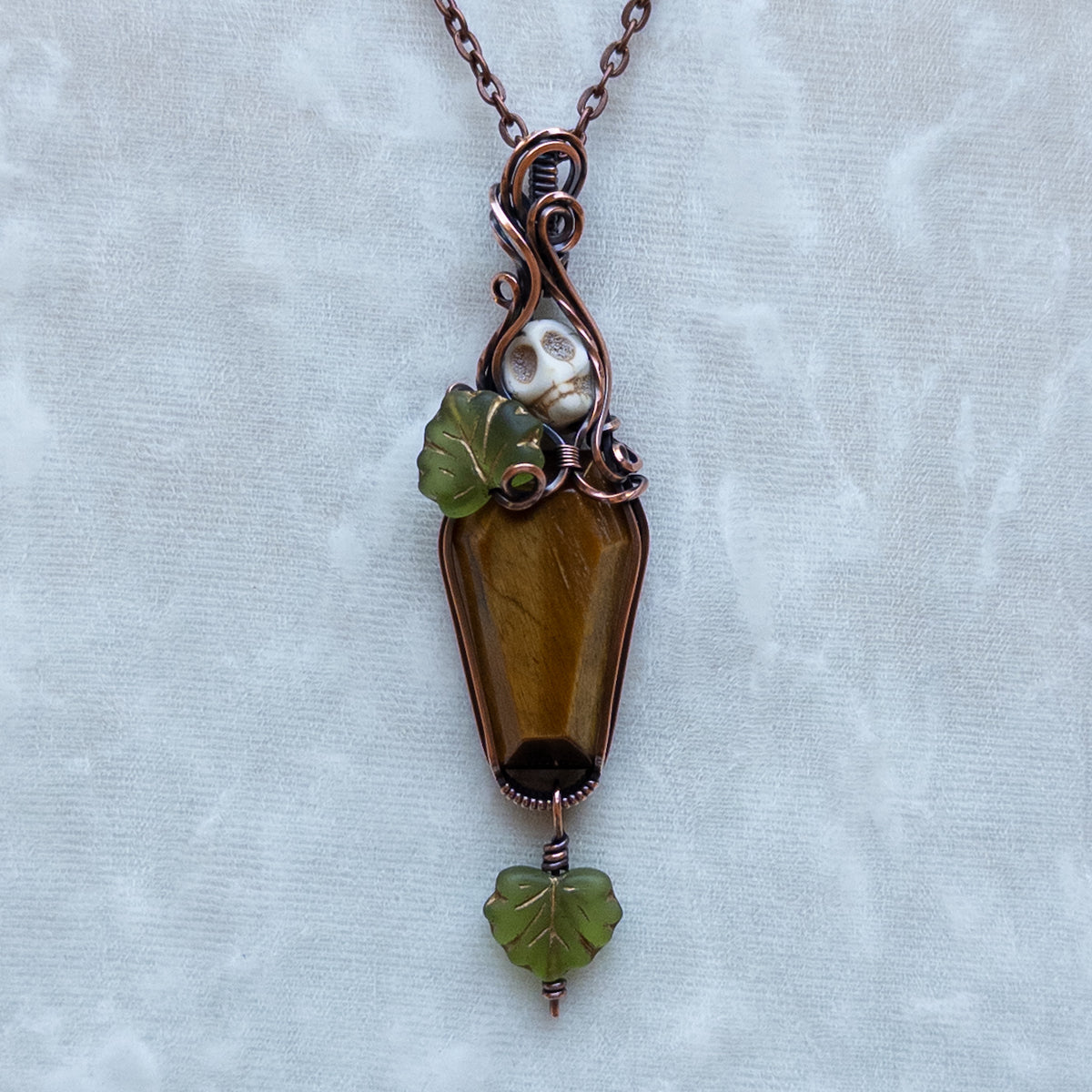 Tiger’s Eye Coffin & Skull Antiqued Copper Pendant With Czech Glass Leaves