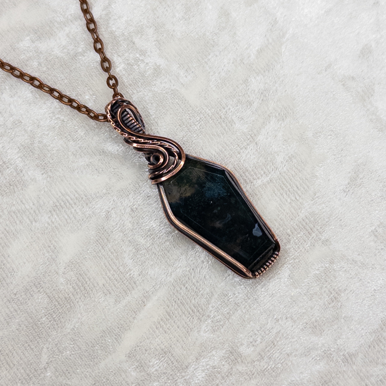 Moss Agate Coffin Antiqued Copper Pendant