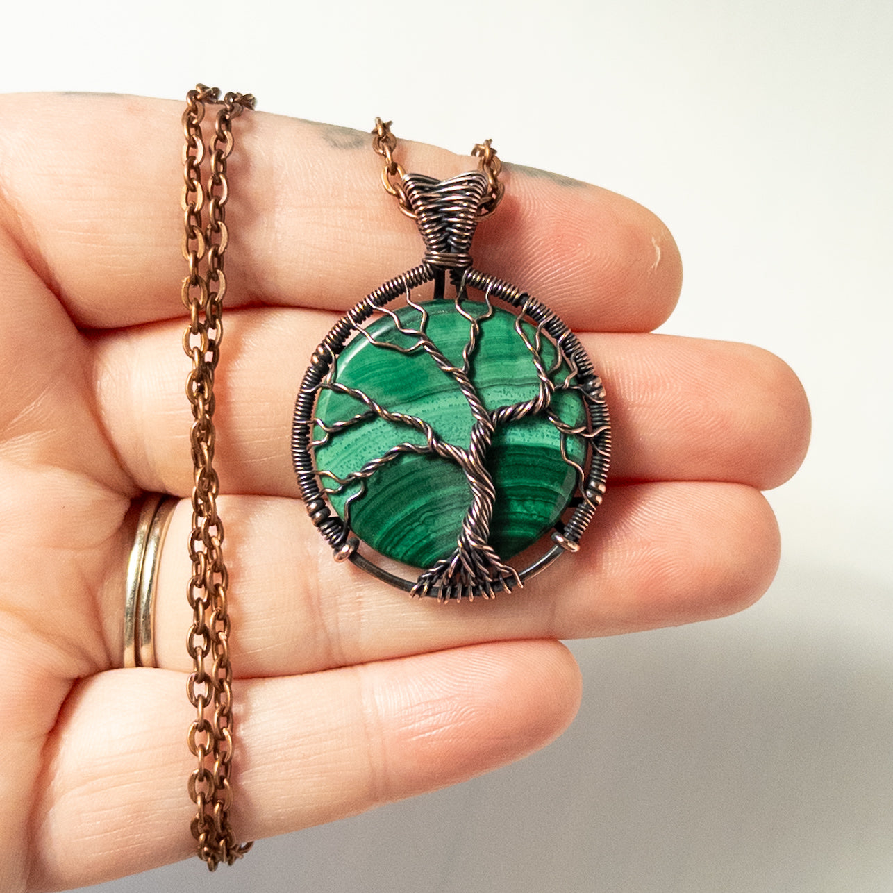 Malachite Tree Of Life Antiqued Copper Wrapped Pendant