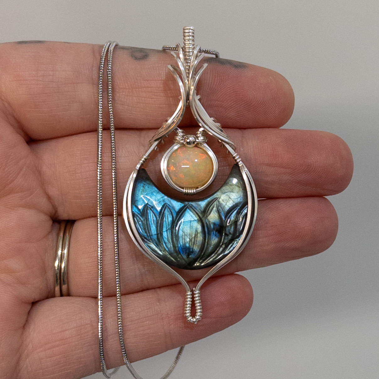 Lotus Carved Labradorite Moon & 2 ct. Ethiopian Opal Sterling Silver Pendant