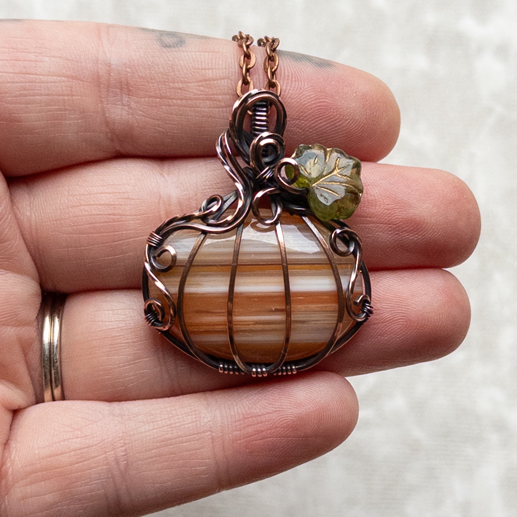 “Candy Corn” Banded Agate Antiqued Copper Pumpkin Pendant With Czech Glass Leaf