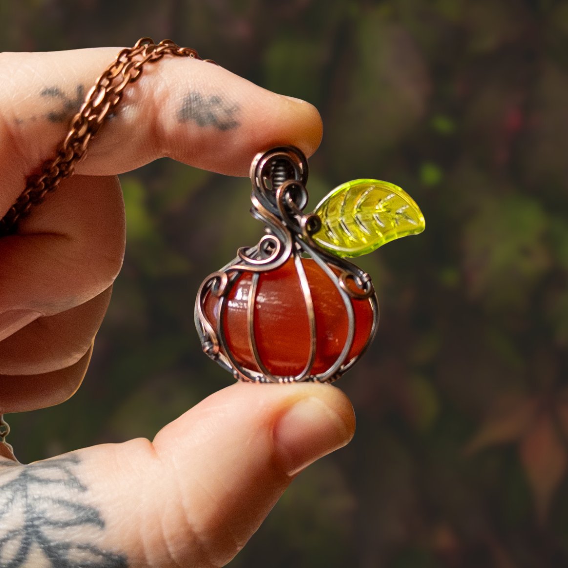 Carnelian & Glass Leaf Antiqued Copper Pumpkin Pendant