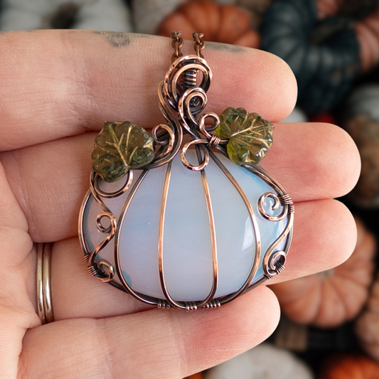 Opalite Glass Antiqued Copper Pumpkin Pendant With Czech Glass Leaves
