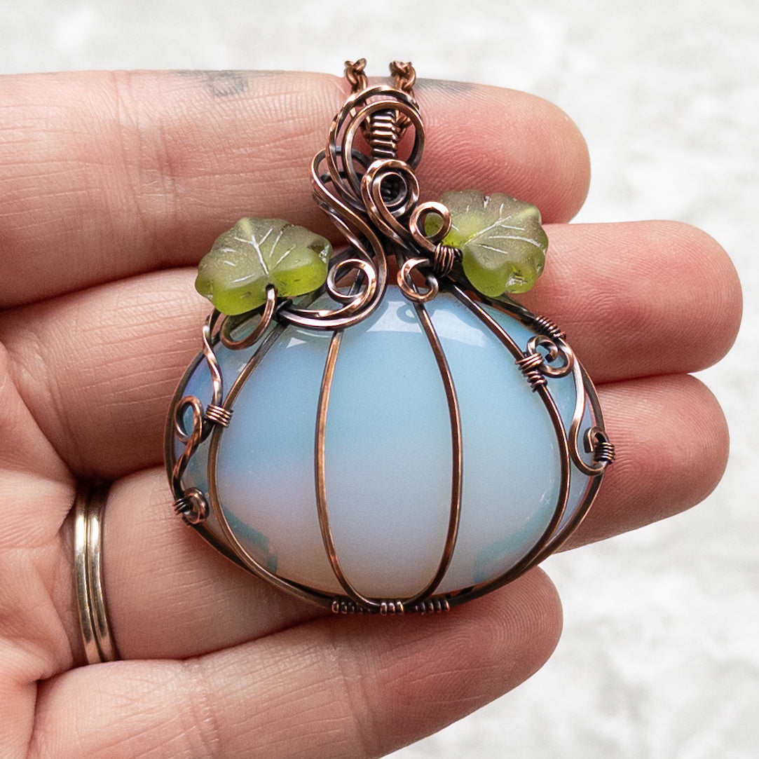 Opalite Glass Pumpkin Antiqued Copper Pendant With Czech Glass Leaves