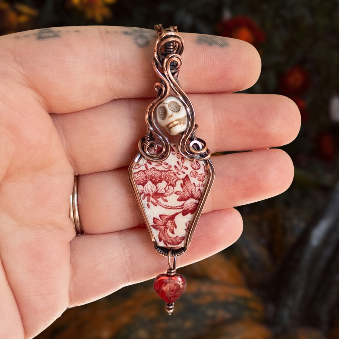 Vintage China Coffin, Skull, & Heart Antiqued Copper Pendant