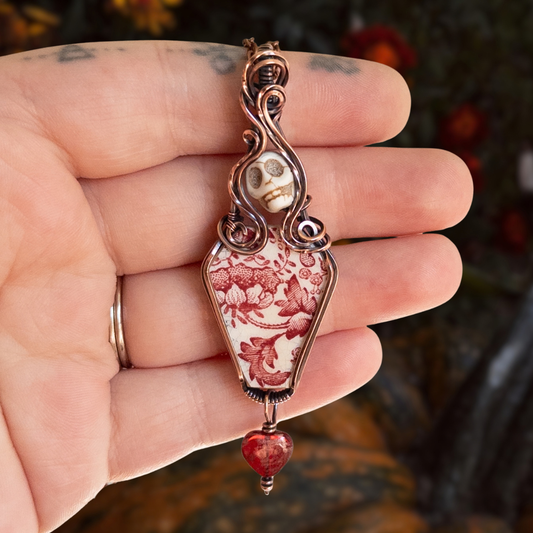 Vintage China Coffin, Skull, & Heart Antiqued Copper Pendant
