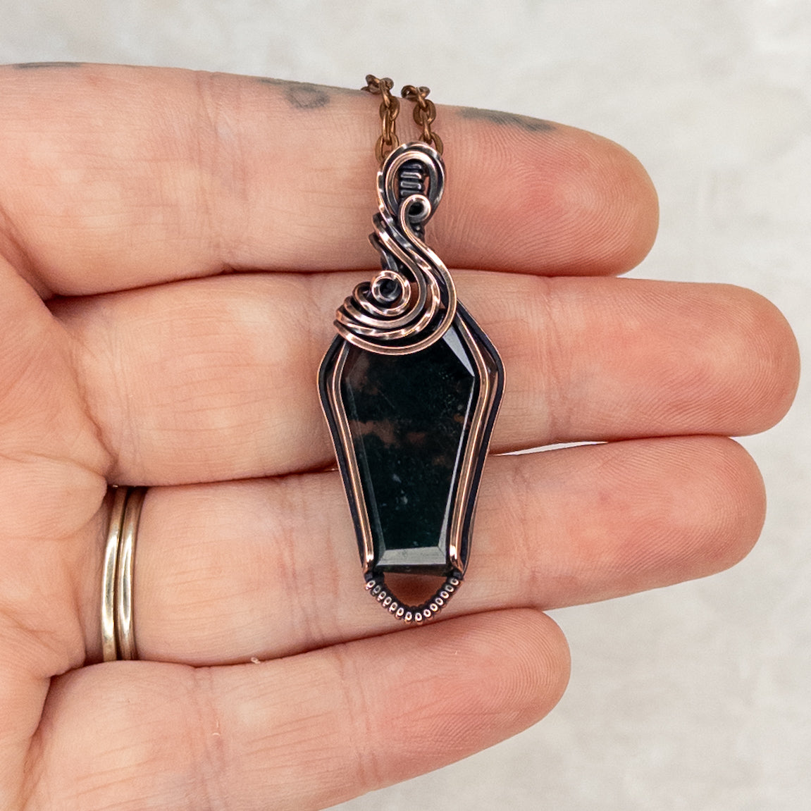 Moss Agate Coffin Antiqued Copper Pendant