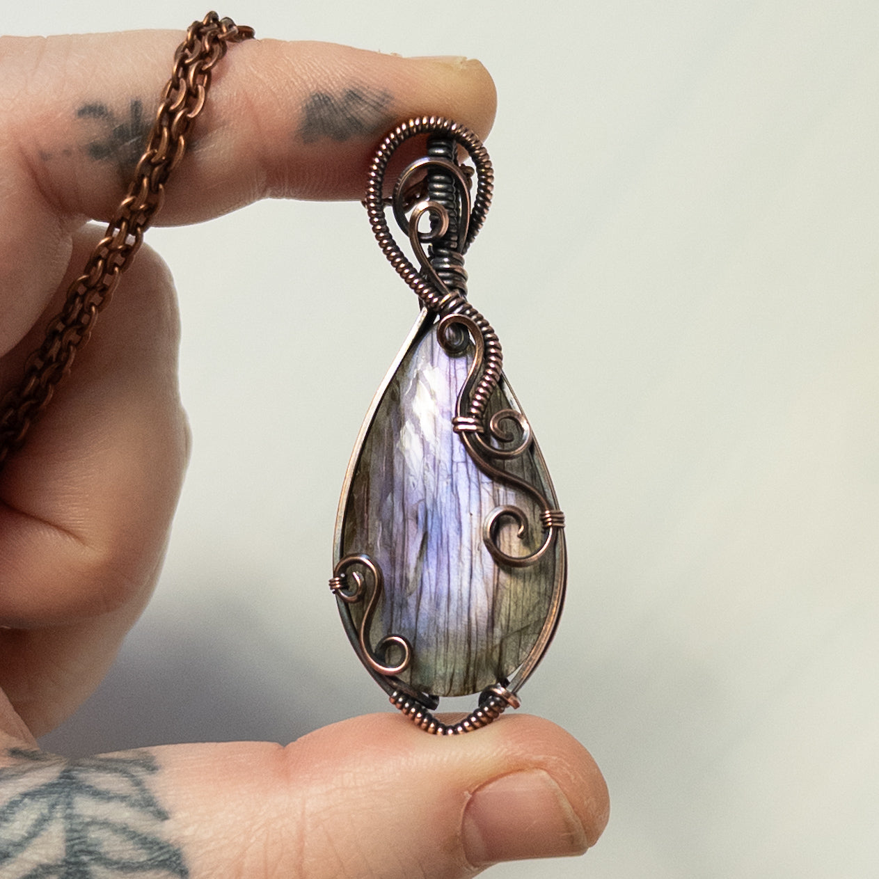 Purple Labradorite with Swirl Design Antiqued Copper Wrapped Pendant