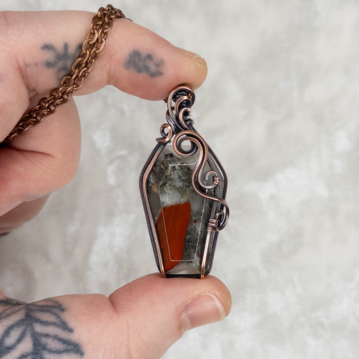 African Bloodstone Antiqued Copper Coffin Pendant