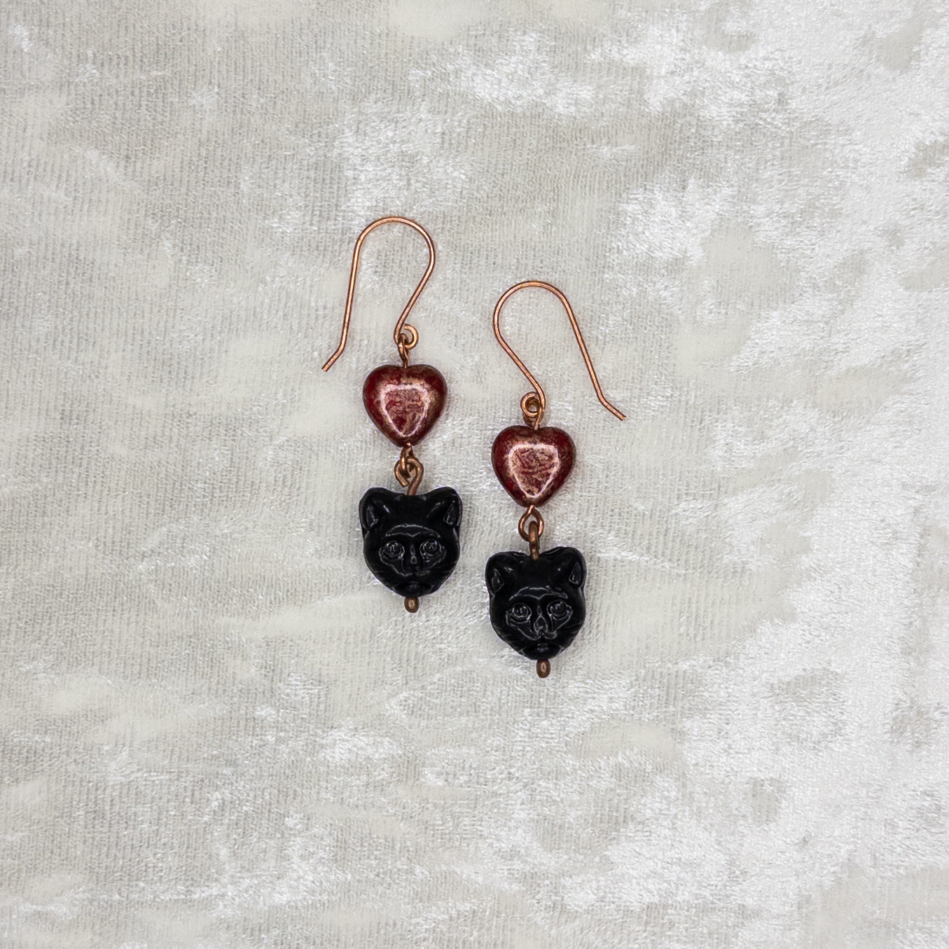 Black Cat & Hearts Czech Glass Copper Earrings
