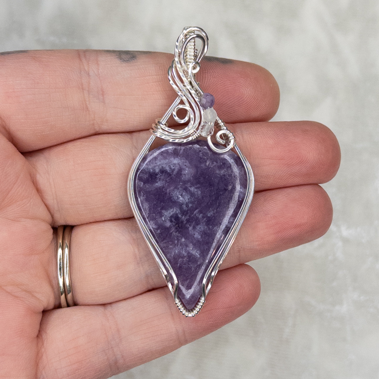 Lepidolite .925 Sterling Silver Pendant With Faceted Amethyst, Moonstone, & Quartz Beads