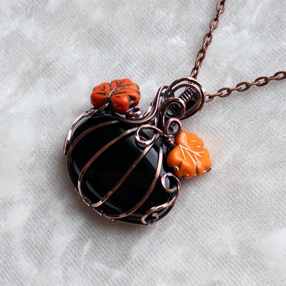 Black Onyx Antiqued Copper Pumpkin Pendant With Czech Glass Leaves